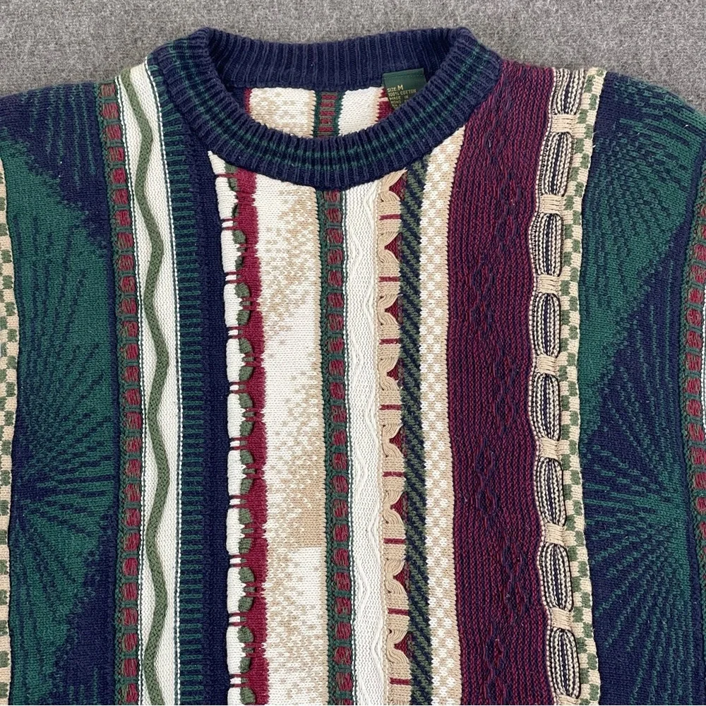 Vtg Cotton Traders 3D Knit Sweater Mens Medium Chunky Cable Coogi Style Cosby